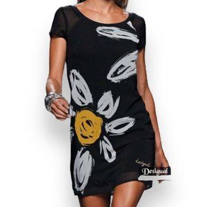 Desigual Dress Daisy Floral Sheer Black White Yellow Mini Chiffon